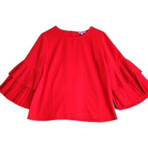 Plumberry Brand Holiday Red Pleated Bell Sleeve Top Blouse Size S‎ Back Zipper